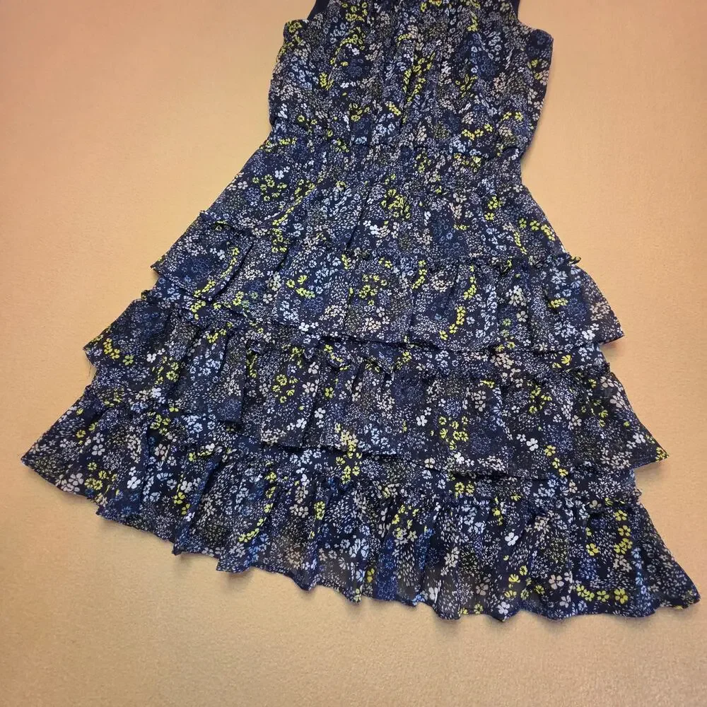 Sam & Jess Blue Floral Smocked-Waist Ruffled Tiered Sleeveless Dress Sz Small